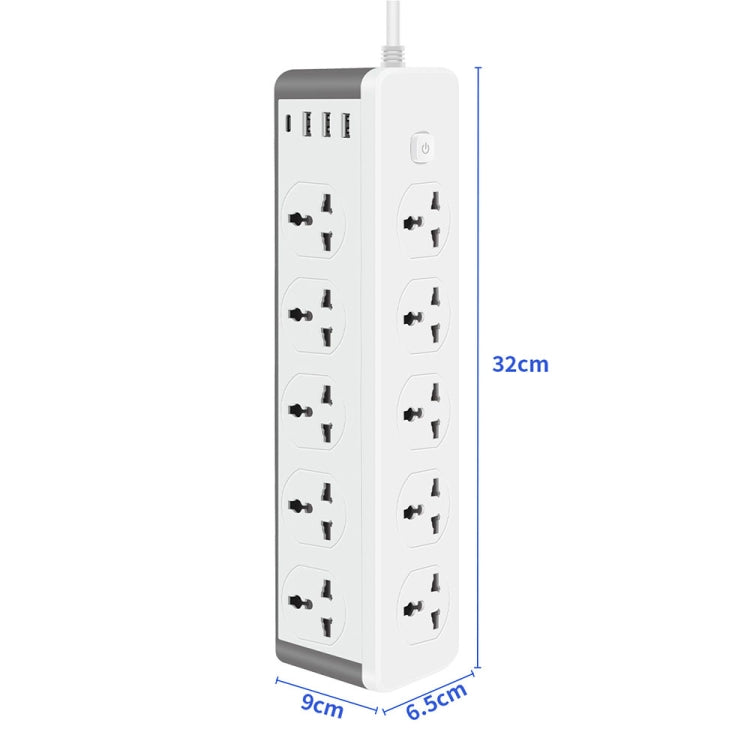 D15 2m 3000W vertical socket with 10 plugs, PD, and 3 USB ports, featuring a child protection safety door and durable design.