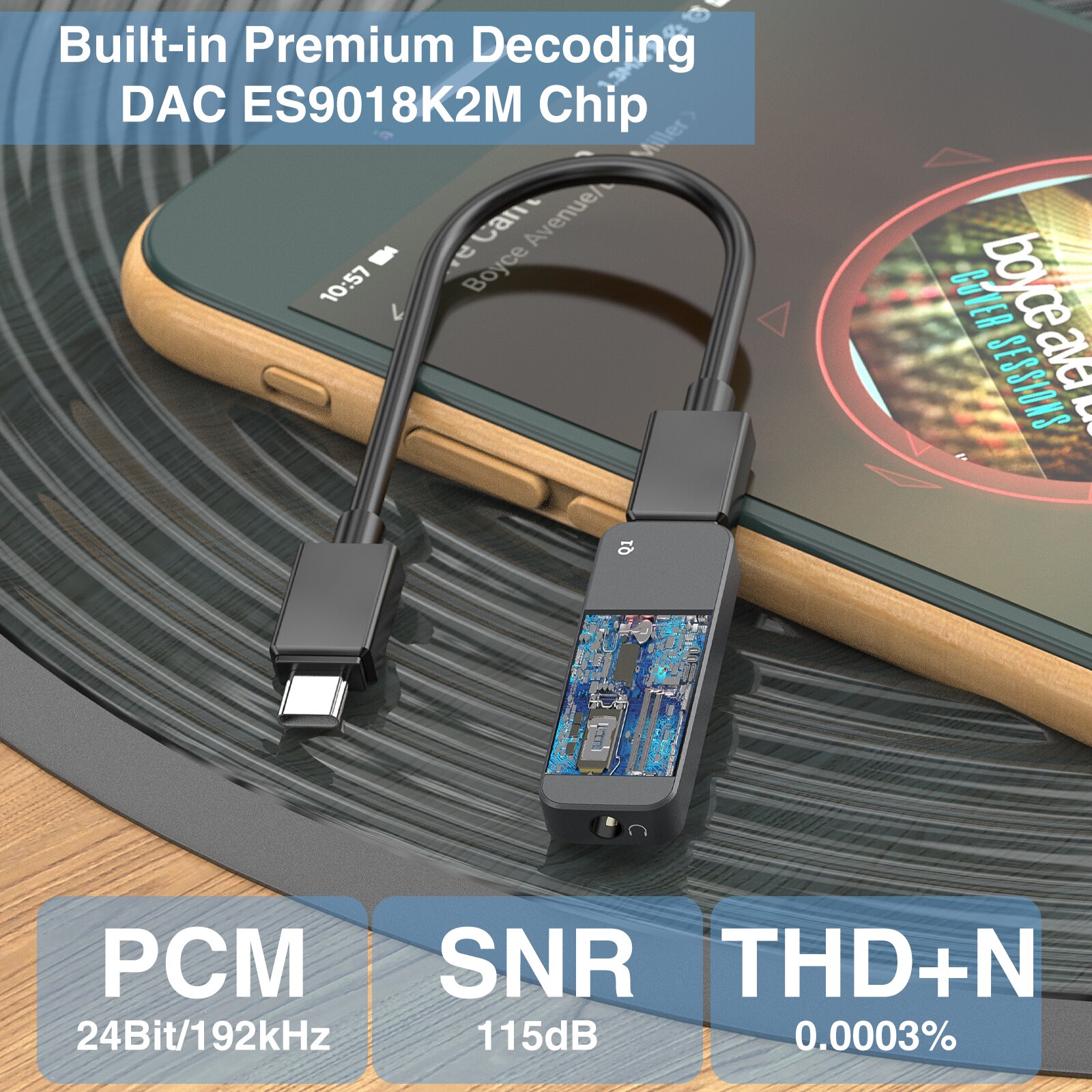 DAC Converter Portable Headphone Amplifier with USB and 3.5mm headphone jack, compact design for easy portability.