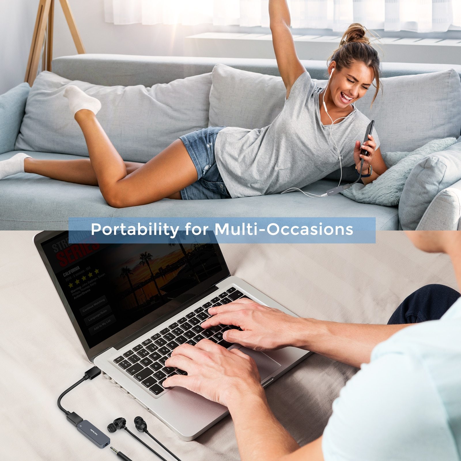 DAC Converter Portable Headphone Amplifier with USB and 3.5mm headphone jack, compact design for easy portability.