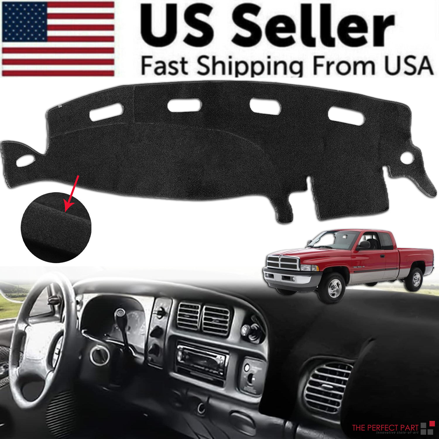 Dashboard Mat Dash Cover Carpet for 1998-2001 Dodge Ram 1500, 2500, 3500, showcasing its sleek black design and premium suede material.