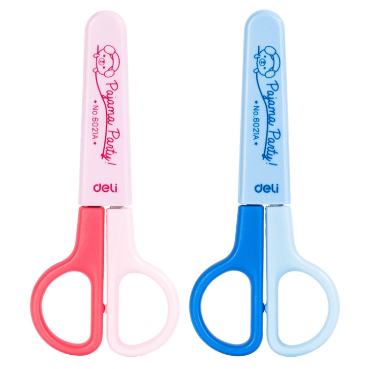 Deli 6021A Student Scissors in vibrant colors, designed for children, featuring a protective cover and lightweight ABS resin construction.