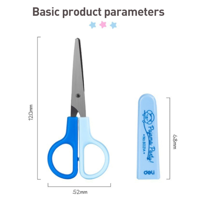 Deli 6021A Student Scissors in vibrant colors, designed for children, featuring a protective cover and lightweight ABS resin construction.