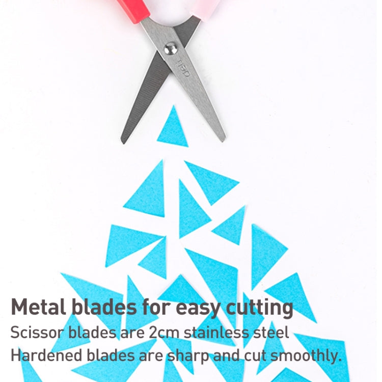 Deli 6021A Student Scissors in vibrant colors, designed for children, featuring a protective cover and lightweight ABS resin construction.