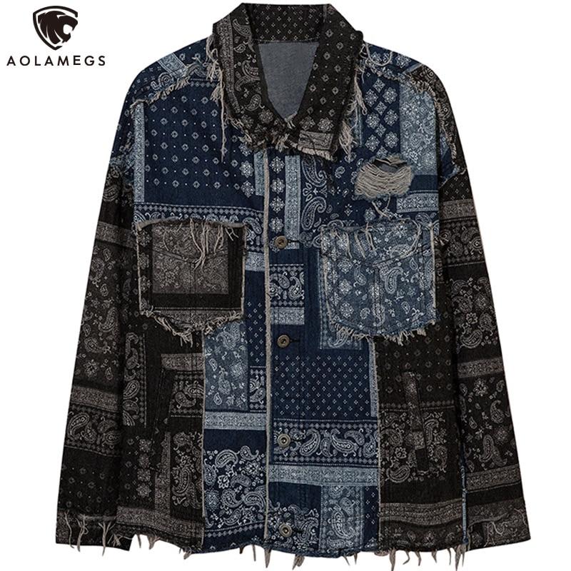 Men's denim jacket featuring vintage totems and a turn-down collar, perfect for autumn wear.