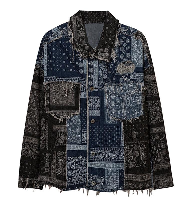 Men's denim jacket featuring vintage totems and a turn-down collar, perfect for autumn wear.