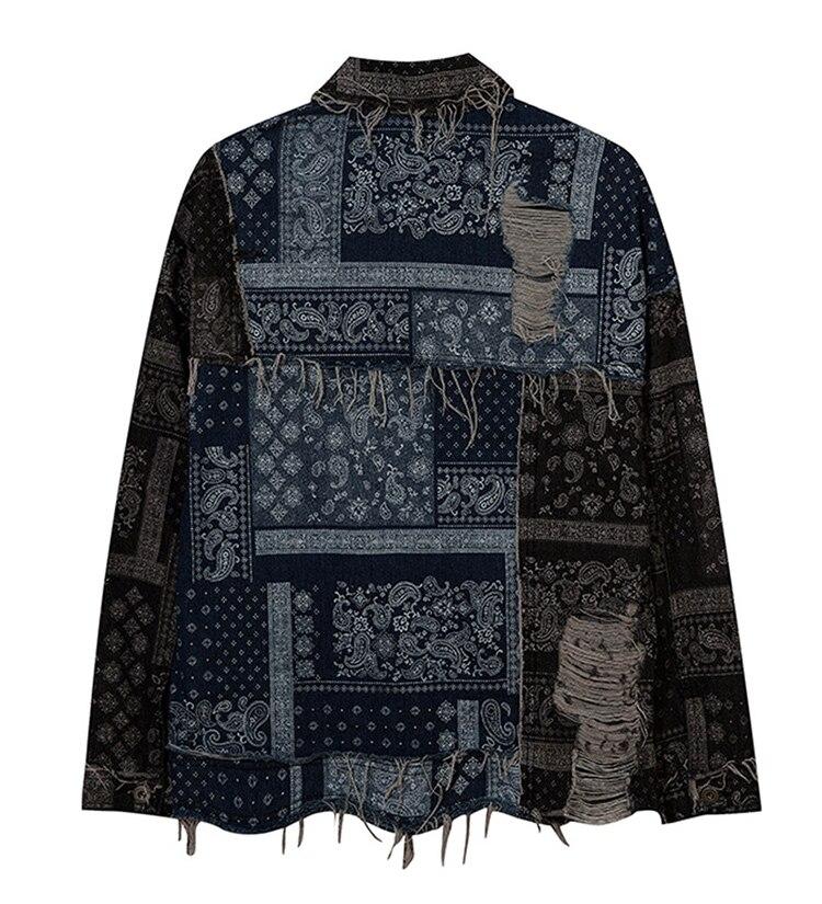 Men's denim jacket featuring vintage totems and a turn-down collar, perfect for autumn wear.