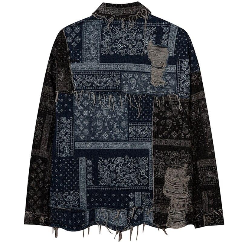 Men's denim jacket featuring vintage totems and a turn-down collar, perfect for autumn wear.