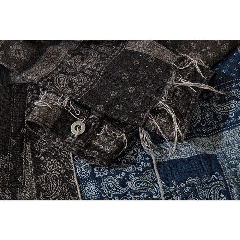 Men's denim jacket featuring vintage totems and a turn-down collar, perfect for autumn wear.