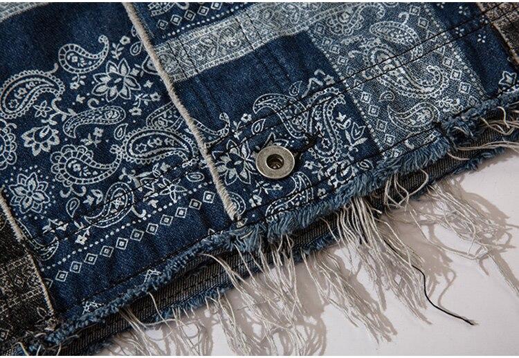 Men's denim jacket featuring vintage totems and a turn-down collar, perfect for autumn wear.