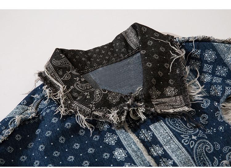 Men's denim jacket featuring vintage totems and a turn-down collar, perfect for autumn wear.