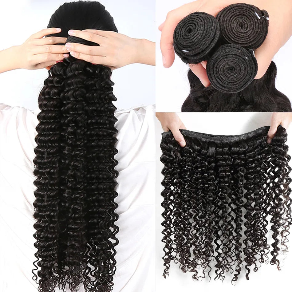 Deep Wave Human Hair Bundles showcasing curly texture in 26 and 28 inches, perfect for Brazilian weaving.