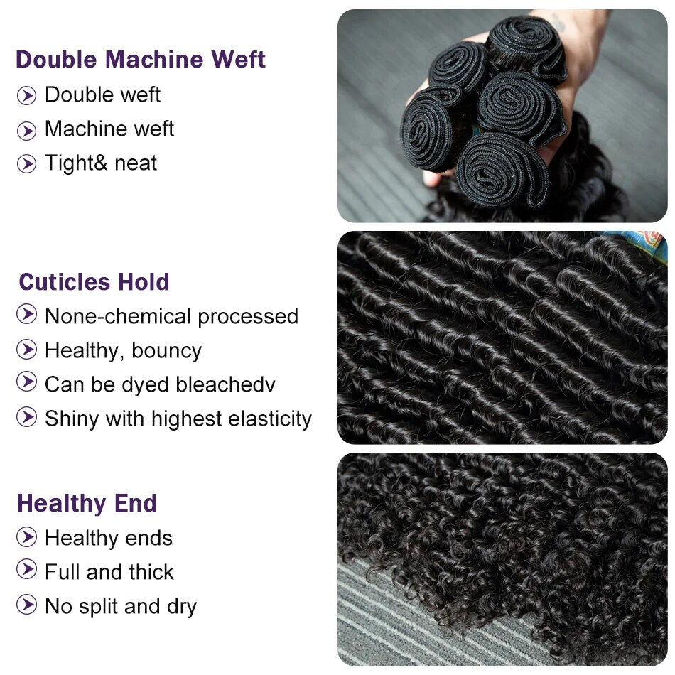 Deep Wave Human Hair Bundles showcasing curly texture in 26 and 28 inches, perfect for Brazilian weaving.