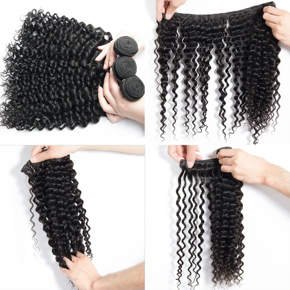 Deep Wave Human Hair Bundles showcasing curly texture in 26 and 28 inches, perfect for Brazilian weaving.
