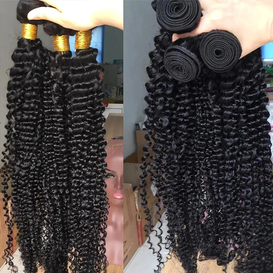 Deep Wave Human Hair Bundles showcasing curly texture in 26 and 28 inches, perfect for Brazilian weaving.