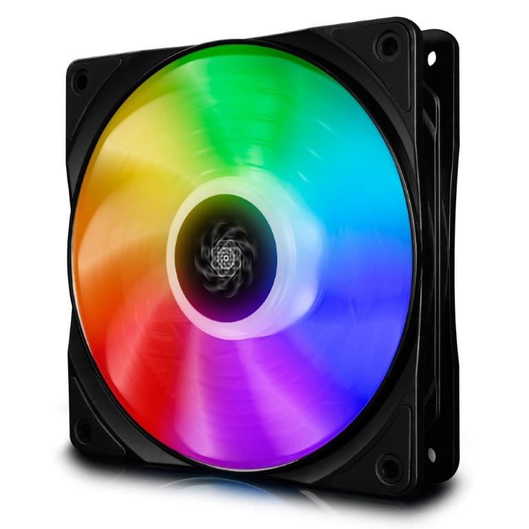 DEEPCOOL CF 120 RGB LED fan showcasing customizable lighting effects with 12 programmable LEDs.