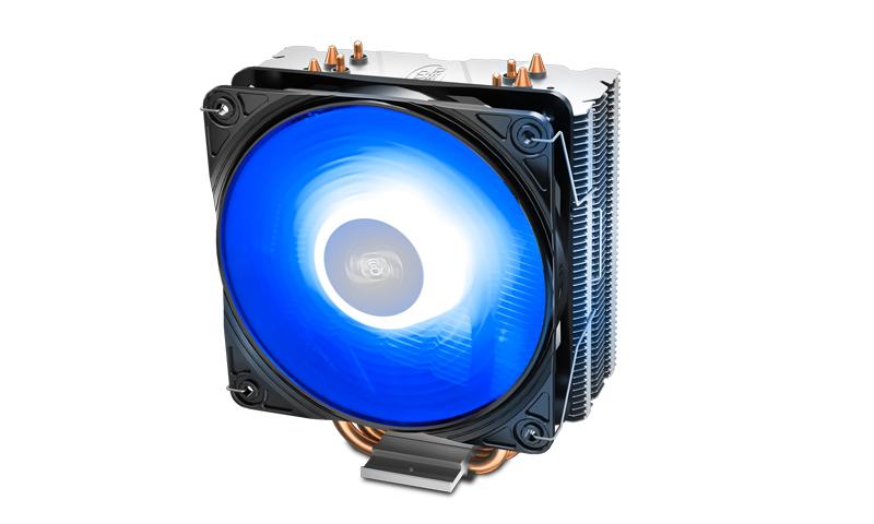 DEEPCOOL GAMMAXX 400 V2 Blue CPU Cooler with 4 heatpipes and 120mm PWM fan featuring blue LED lighting.