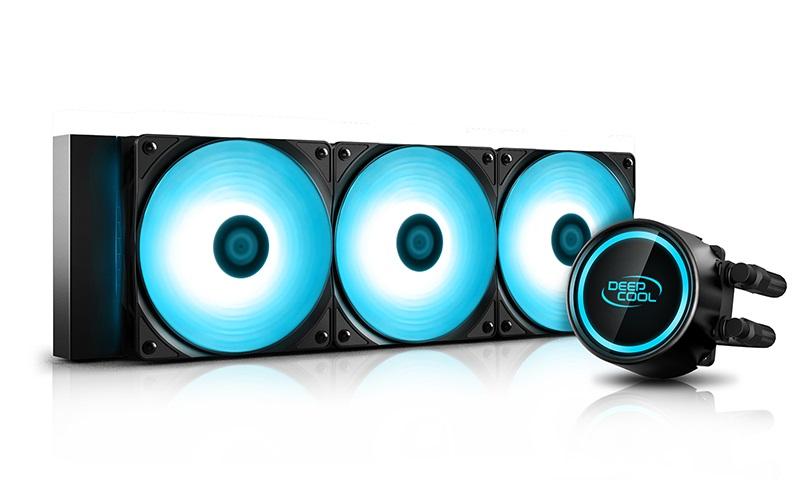 DEEPCOOL GAMMAXX L360 V2 RGB LED Liquid Cooler showcasing its sleek design, RGB lighting, and cooling components.