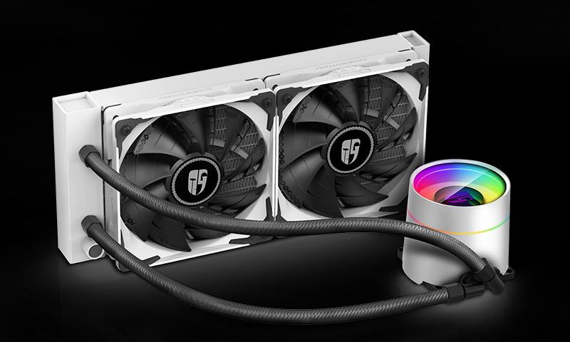 DEEPCOOL GamerStorm Castle 240EX White CPU Liquid Cooler with RGB lighting and dual fans, designed for Intel processors.