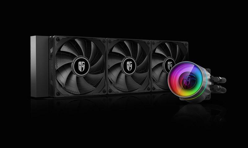 DEEPCOOL GamerStorm Castle 360EX CPU Liquid Cooler with RGB lighting and three TF120 S fans, showcasing its sleek design and advanced cooling technology.