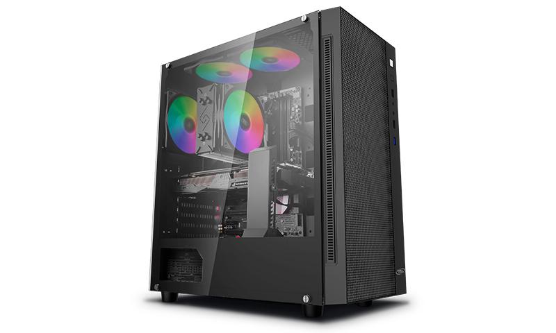 DEEPCOOL MATREXX 55 MESH ATX case showcasing its tempered glass panels and mesh front for optimal airflow.