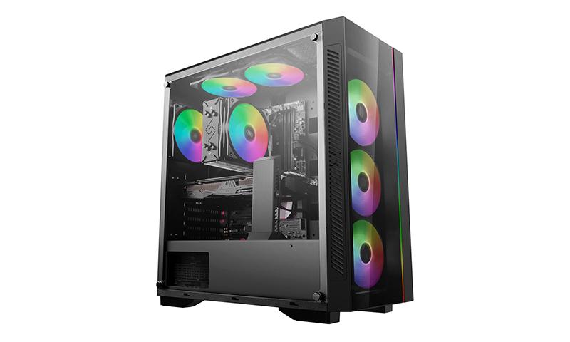 Deepcool MATREXX 55 V3 ADD-RGB 3F Tempered Glass Case showcasing RGB lighting and tempered glass panels.