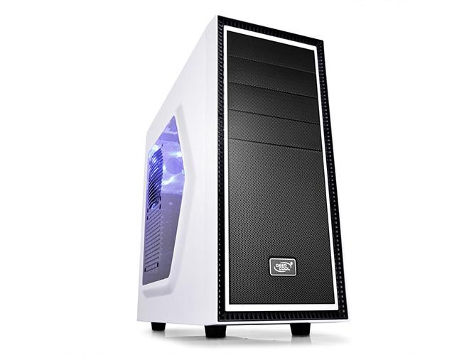 DEEPCOOL Tesseract SW Mid Tower Case with blue LED fan and side window showcasing interior components.