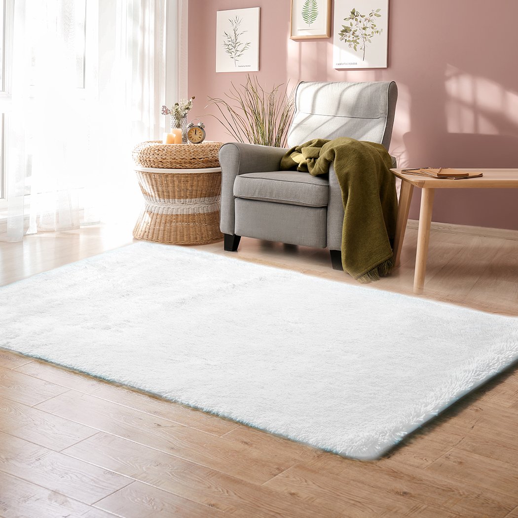 Designer Soft Shag Shaggy Floor Confetti Rug in white, showcasing its plush texture and non-slip silicone bottom, perfect for home decor.
