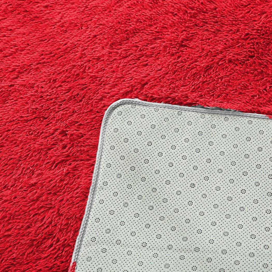 Designer Soft Shag Shaggy Floor Confetti Rug in vibrant red, showcasing its plush texture and non-slip silicone bottom.