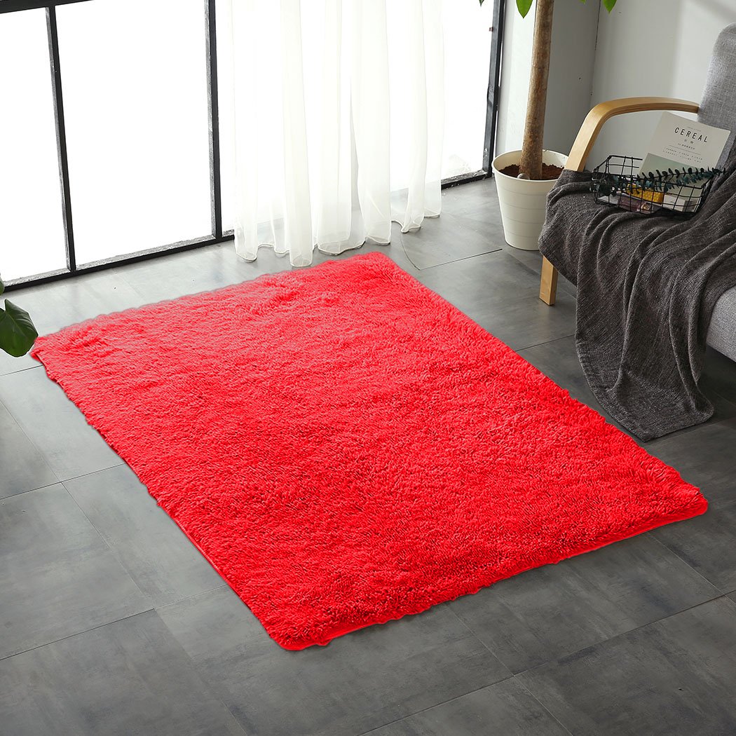 Designer Soft Shag Shaggy Floor Confetti Rug in vibrant red, showcasing its plush texture and non-slip silicone bottom.