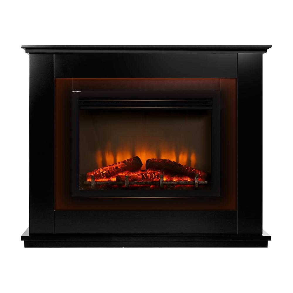 Devanti 2000W Electric Fireplace Mantle showcasing realistic flames and elegant design with black tempered glass and MDF construction.