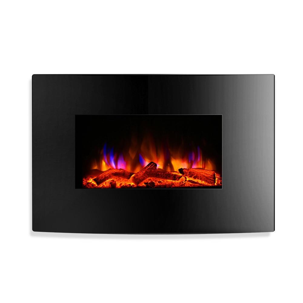 Devanti 2000W Wall Mounted Electric Fireplace featuring a curved black tempered glass front and realistic 3D flame effect.