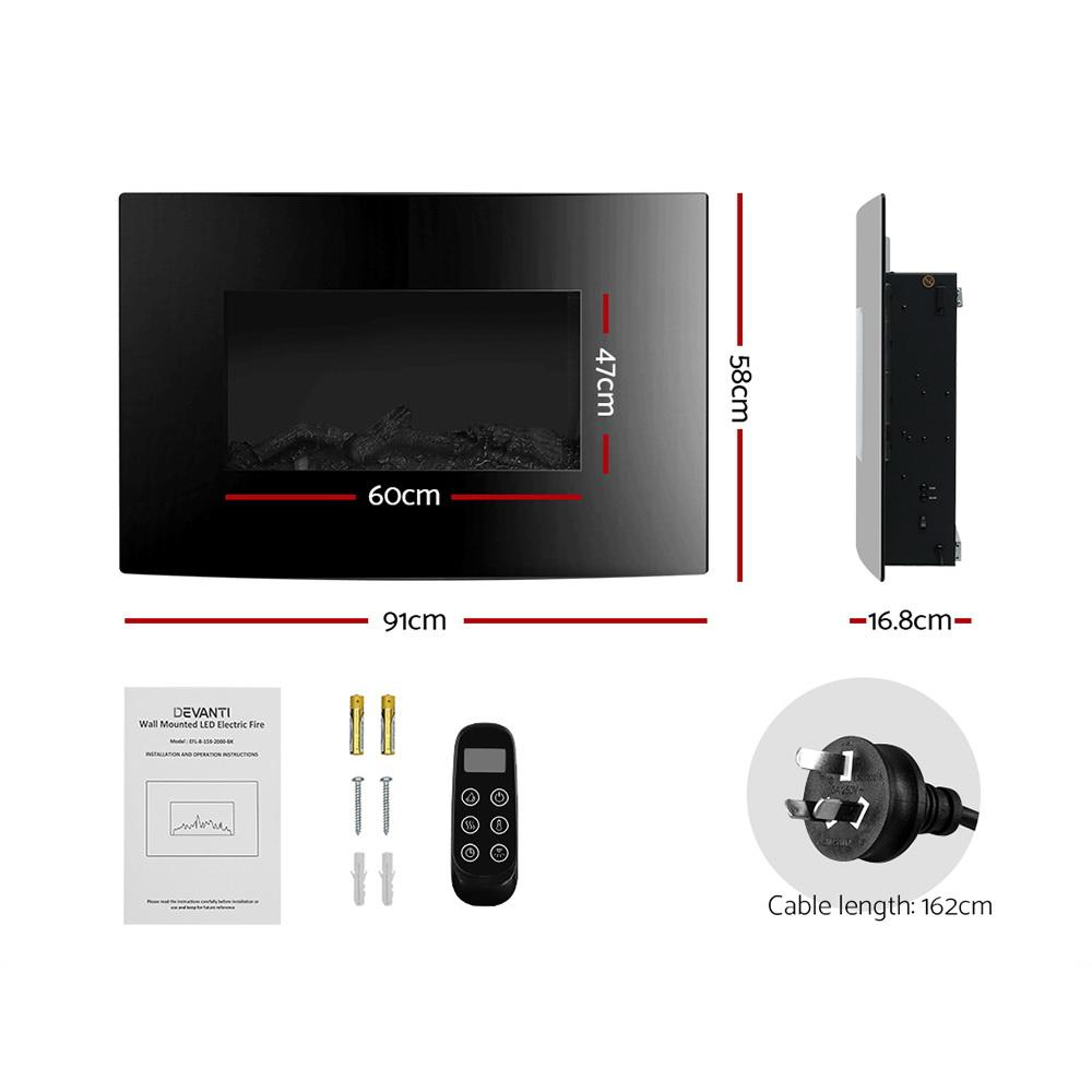 Devanti 2000W Wall Mounted Electric Fireplace featuring a curved black tempered glass front and realistic 3D flame effect.