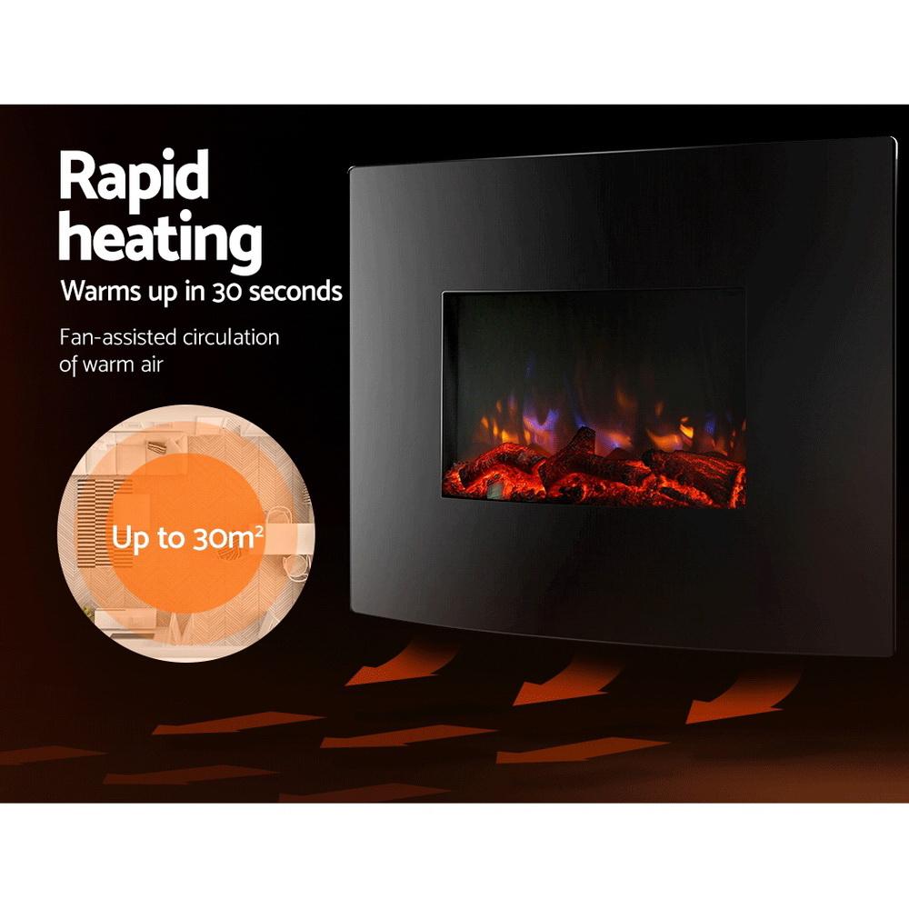 Devanti 2000W Wall Mounted Electric Fireplace featuring a curved black tempered glass front and realistic 3D flame effect.
