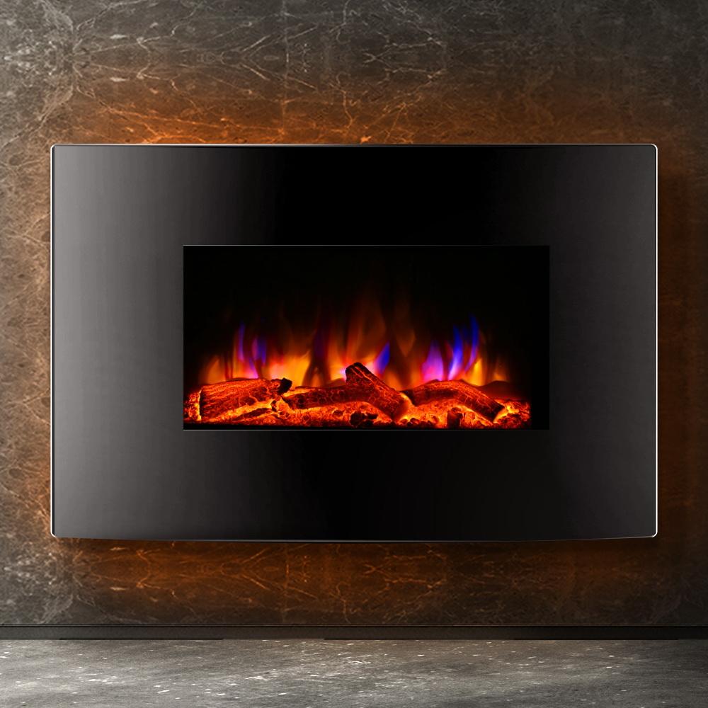 Devanti 2000W Wall Mounted Electric Fireplace featuring a curved black tempered glass front and realistic 3D flame effect.