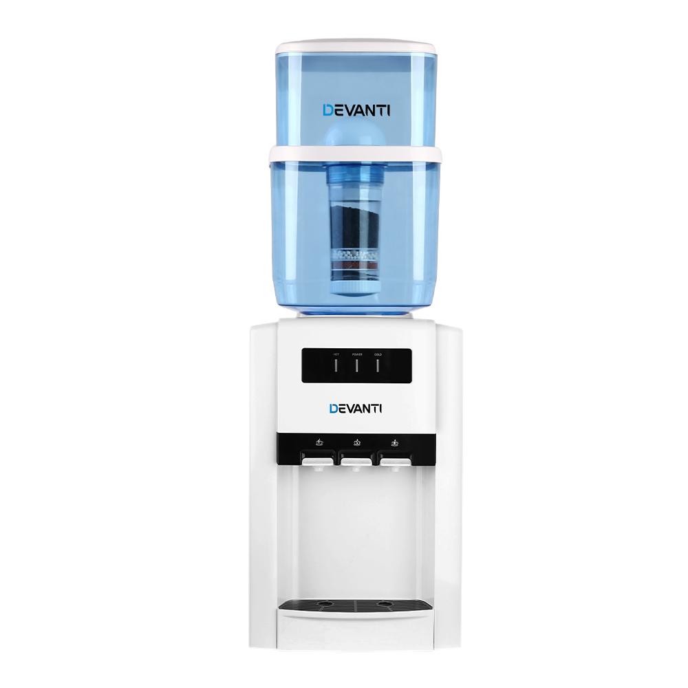 Devanti 22L Bench Top Water Cooler Dispenser with three taps for hot, cold, and room temperature water, featuring a sleek design and safety features.