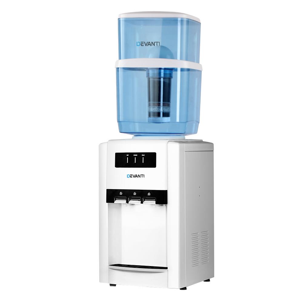 Devanti 22L Bench Top Water Cooler Dispenser with three taps for hot, cold, and room temperature water, featuring a sleek design and safety features.