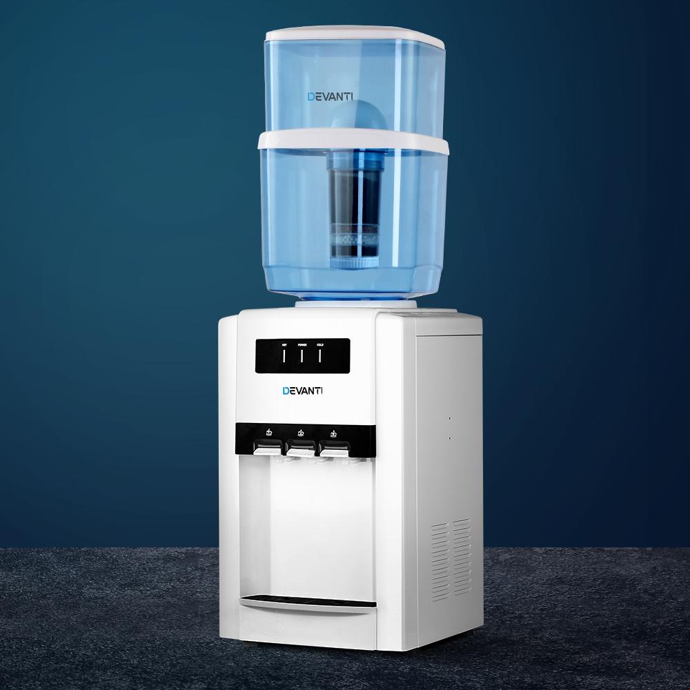Devanti 22L Bench Top Water Cooler Dispenser with three taps for hot, cold, and room temperature water, featuring a sleek design and safety features.