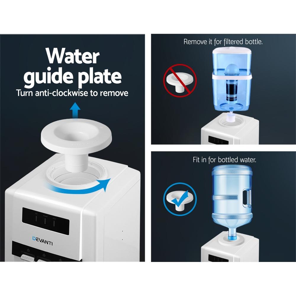 Devanti 22L Bench Top Water Cooler Dispenser with three taps for hot, cold, and room temperature water, featuring a sleek design and safety features.