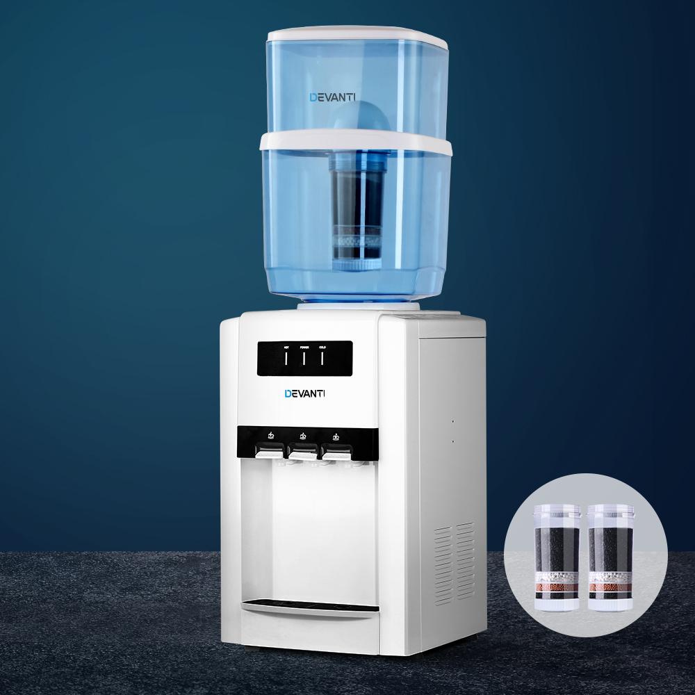 Devanti 22L Bench Top Water Cooler Dispenser with three taps for hot, cold, and room temperature water, featuring a sleek design and safety features.