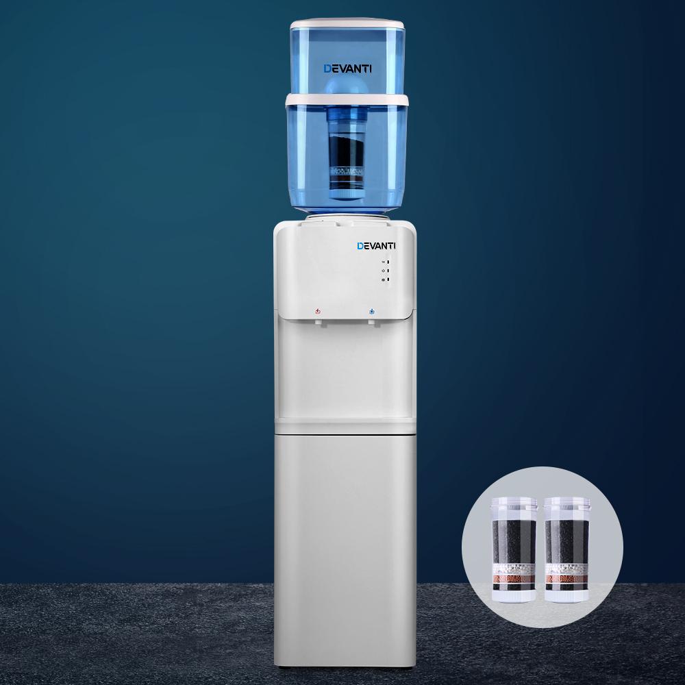 Devanti 22L Water Cooler Dispenser with hot and cold taps, featuring a sleek design and a 6-stage filtration system.