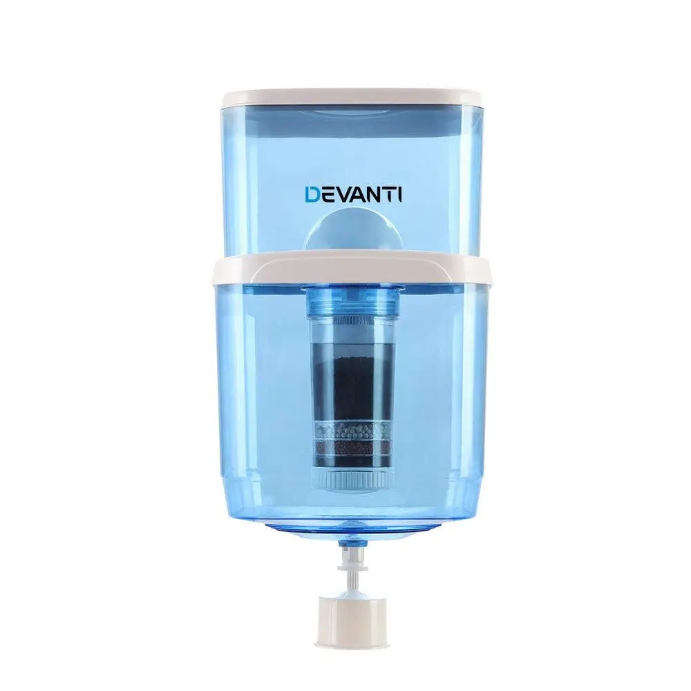 Devanti 22L Water Cooler Dispenser with 6-stage filtration system, showcasing its blue food-grade plastic design and removable lid.