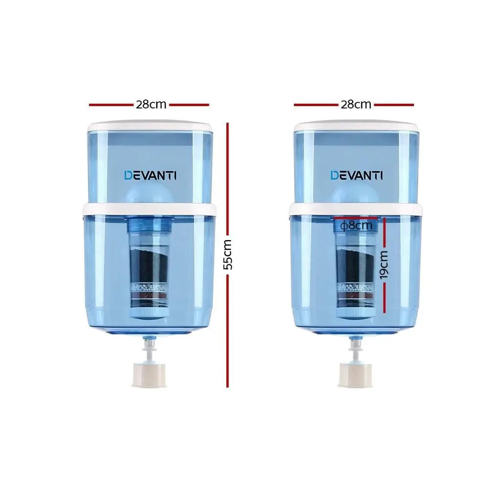 Devanti 22L Water Cooler Dispenser with 6-stage filtration system, showcasing its blue food-grade plastic design and removable lid.