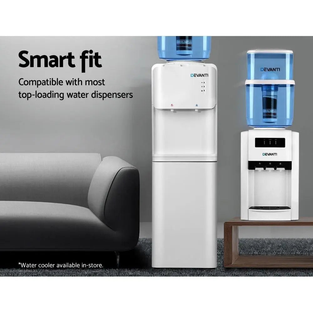 Devanti 22L Water Cooler Dispenser with 6-stage filtration system, showcasing its blue food-grade plastic design and removable lid.