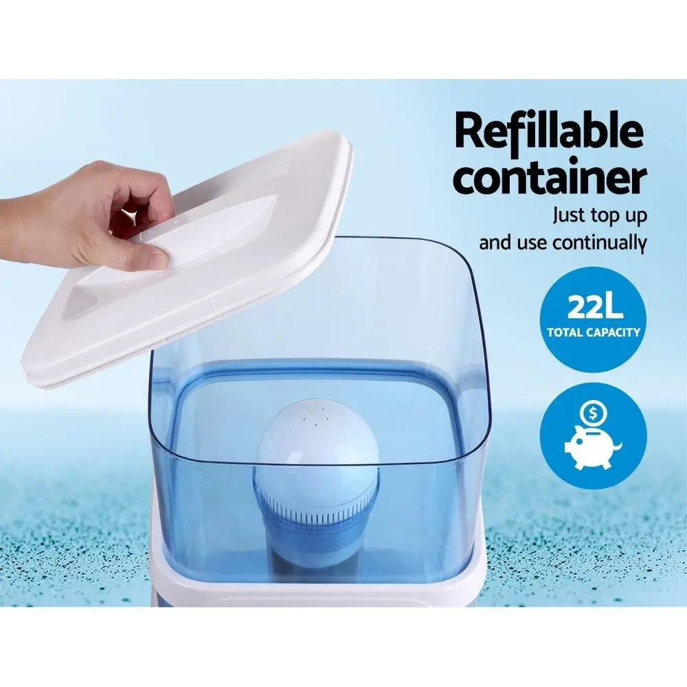 Devanti 22L Water Cooler Dispenser with 6-stage filtration system, showcasing its blue food-grade plastic design and removable lid.