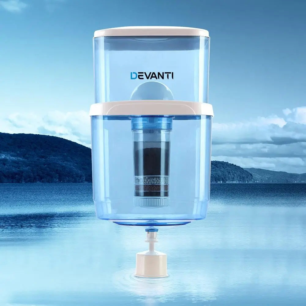 Devanti 22L Water Cooler Dispenser with 6-stage filtration system, showcasing its blue food-grade plastic design and removable lid.