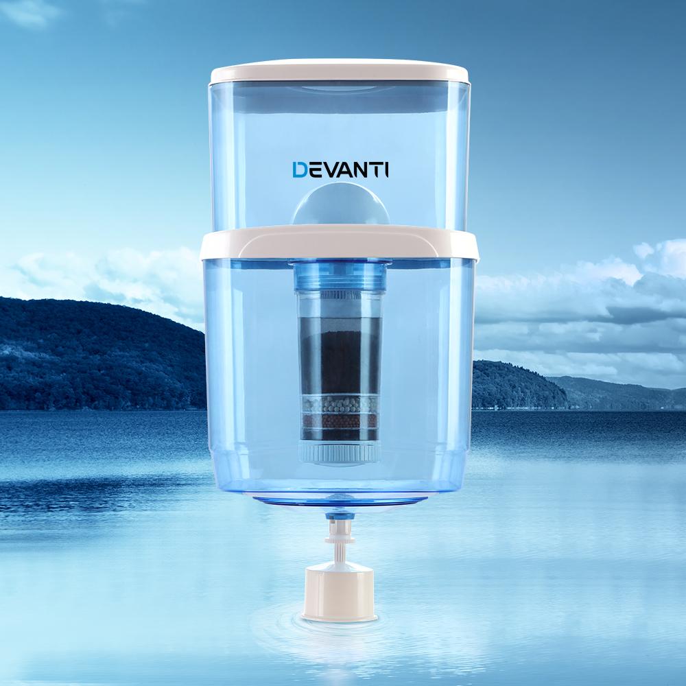 Devanti 22L Water Cooler Dispenser with 6-stage filtration system, showcasing its blue food-grade plastic design and removable lid.