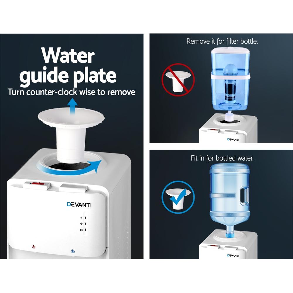 Devanti 22L Water Cooler Dispenser with hot and cold taps, featuring a sleek design and a 6-stage filtration system.