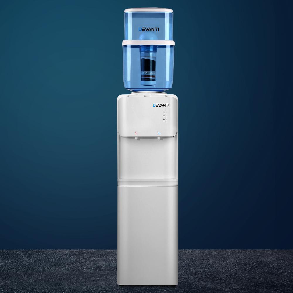 Devanti 22L Water Cooler Dispenser with hot and cold taps, featuring a sleek design and a 6-stage filtration system.