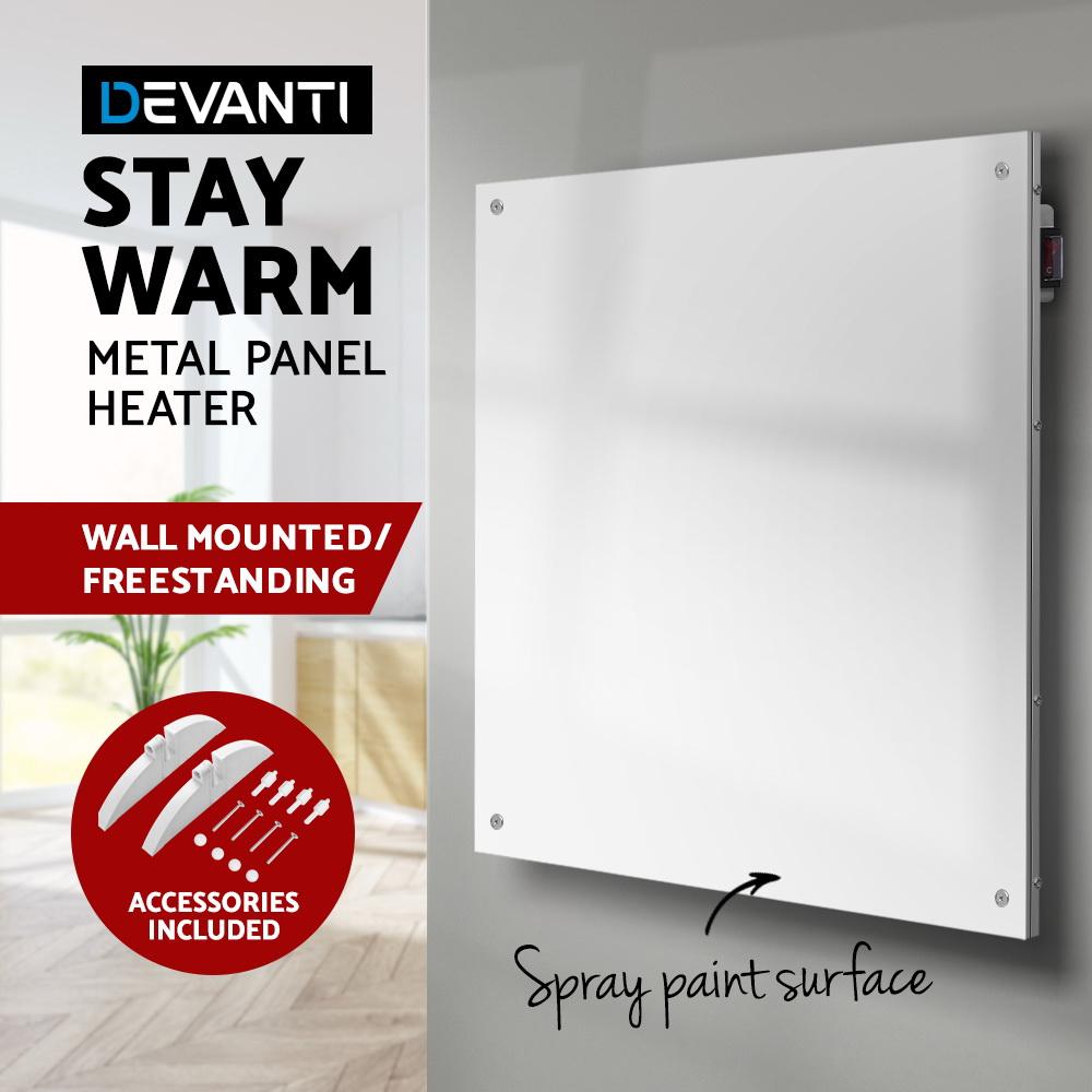 Devanti 450W Metal Wall Mount Panel Heater in a sleek design, showcasing its portable and slimline features, ideal for small spaces.