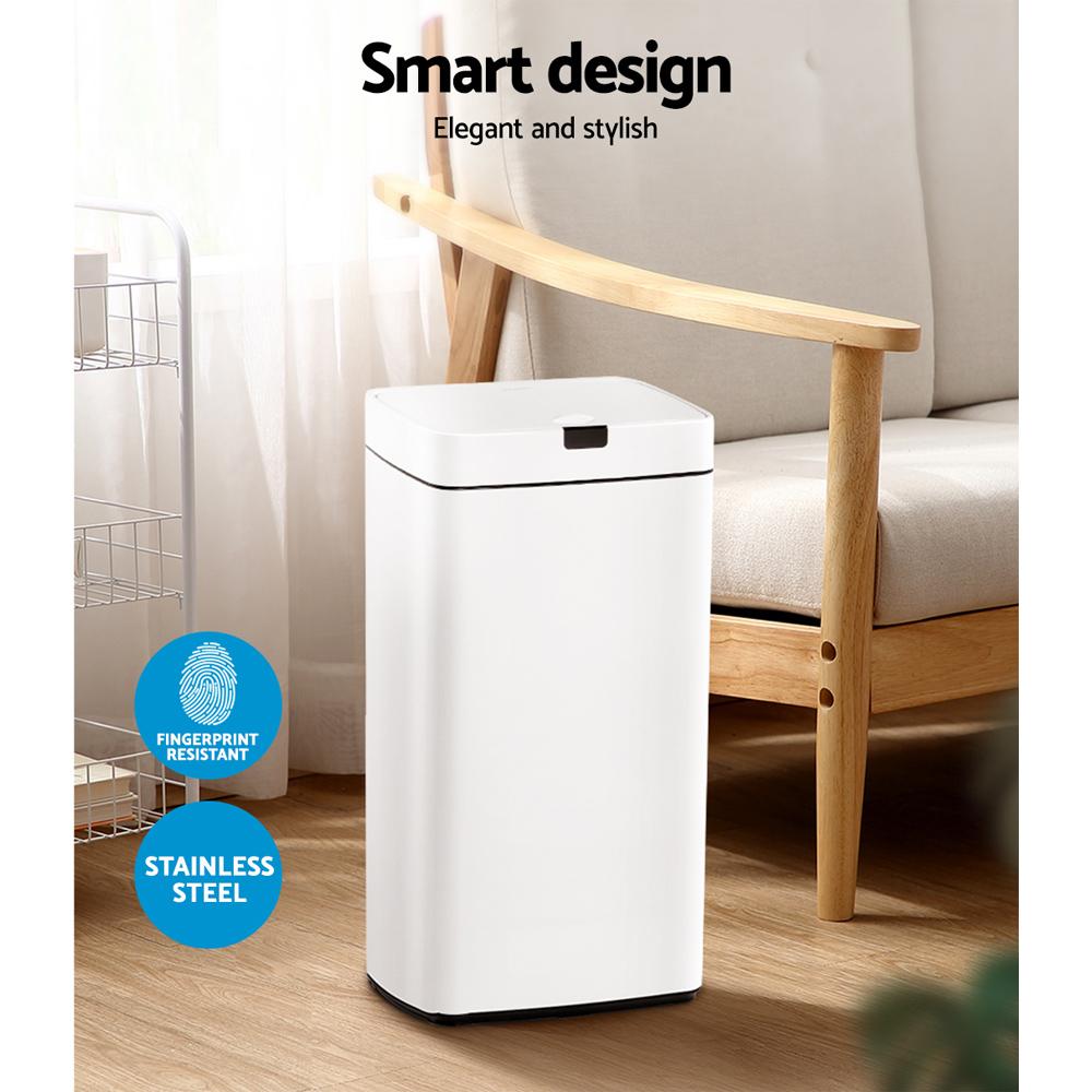 Devanti 45L Sensor Bin in white, featuring a sleek design and motion sensor lid for hands-free operation.